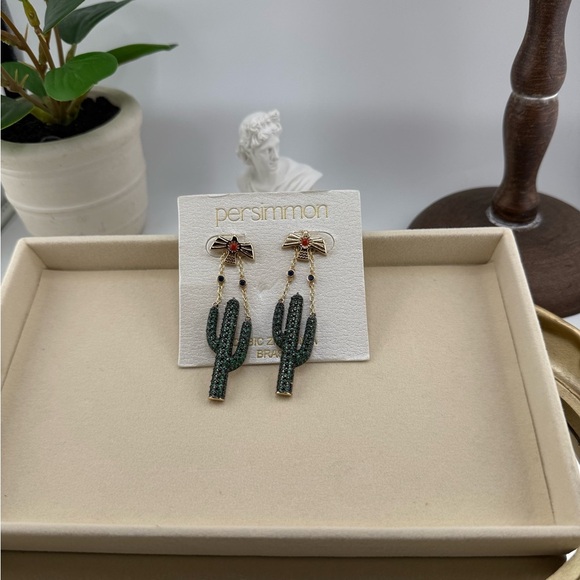 Persimmon Cactus Earrings with Green and Gold Accents - Picture 4 of 4